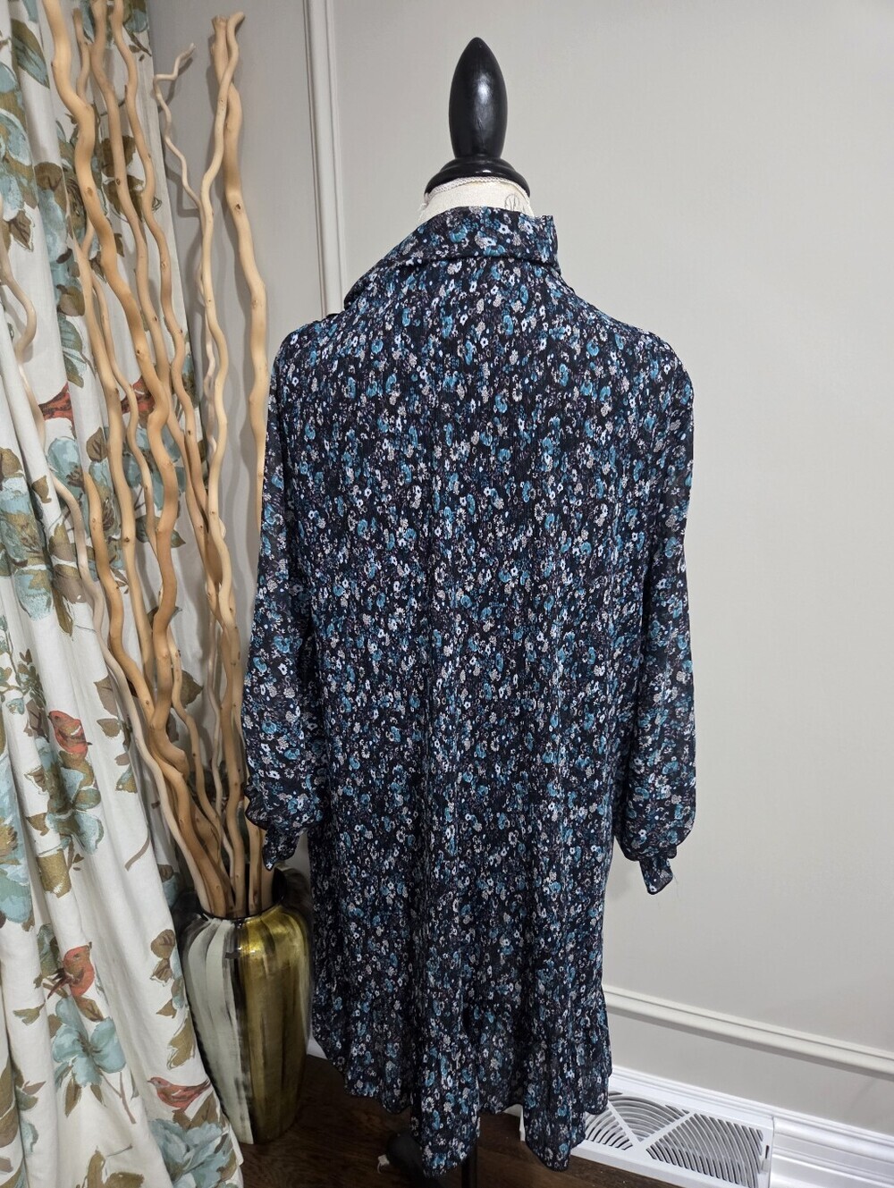 Zara Black /blue Floral Long-Sleeve Tie-Neck Dress Sz.M - Picture 5 of 10
